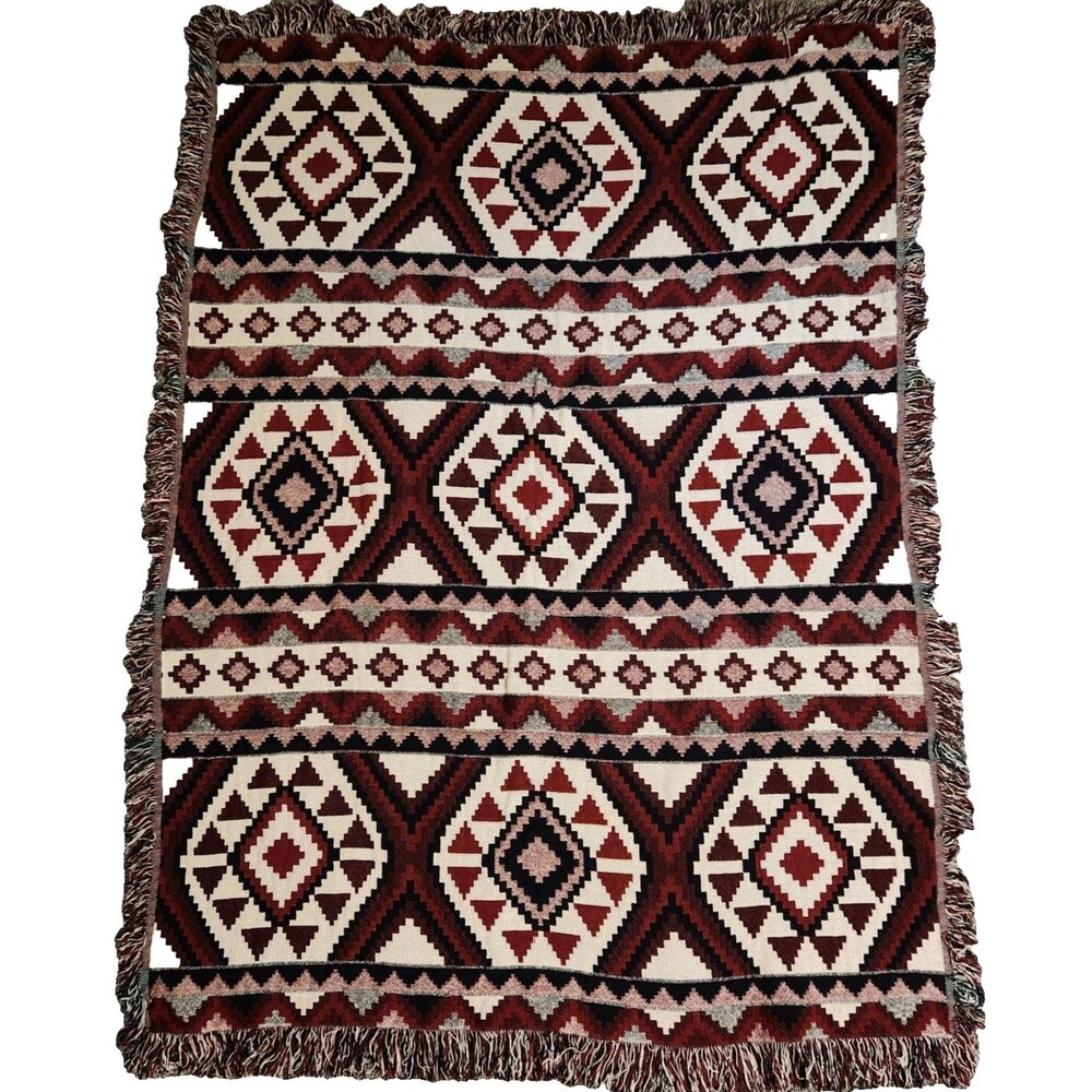 Vtg Blanket Throw Southwestern Geometrical Aztec Western Red 66 x 47 in Black